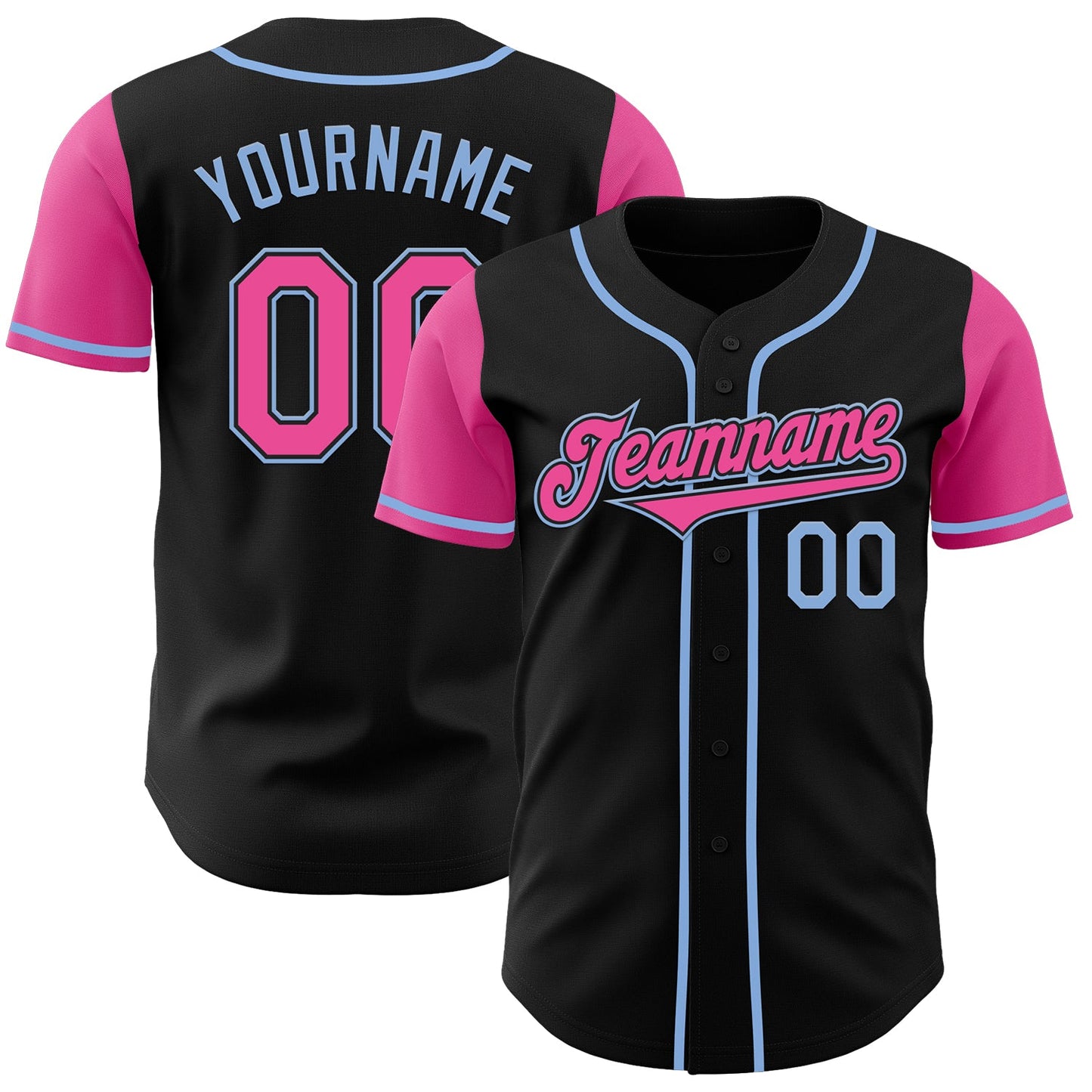 Custom Black Pink-Light Blue Authentic Two Tone Baseball Jersey - Main View