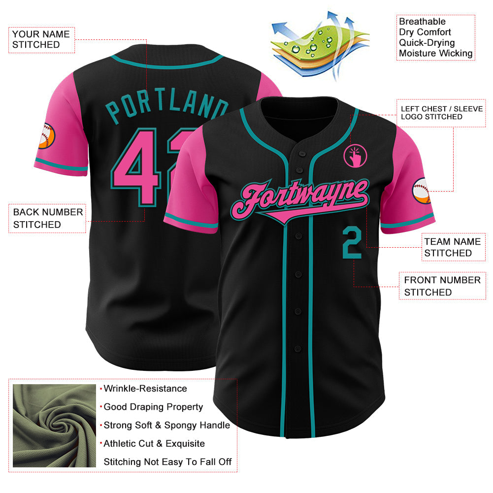 Custom Black Pink-Teal Authentic Two Tone Baseball Jersey view 3