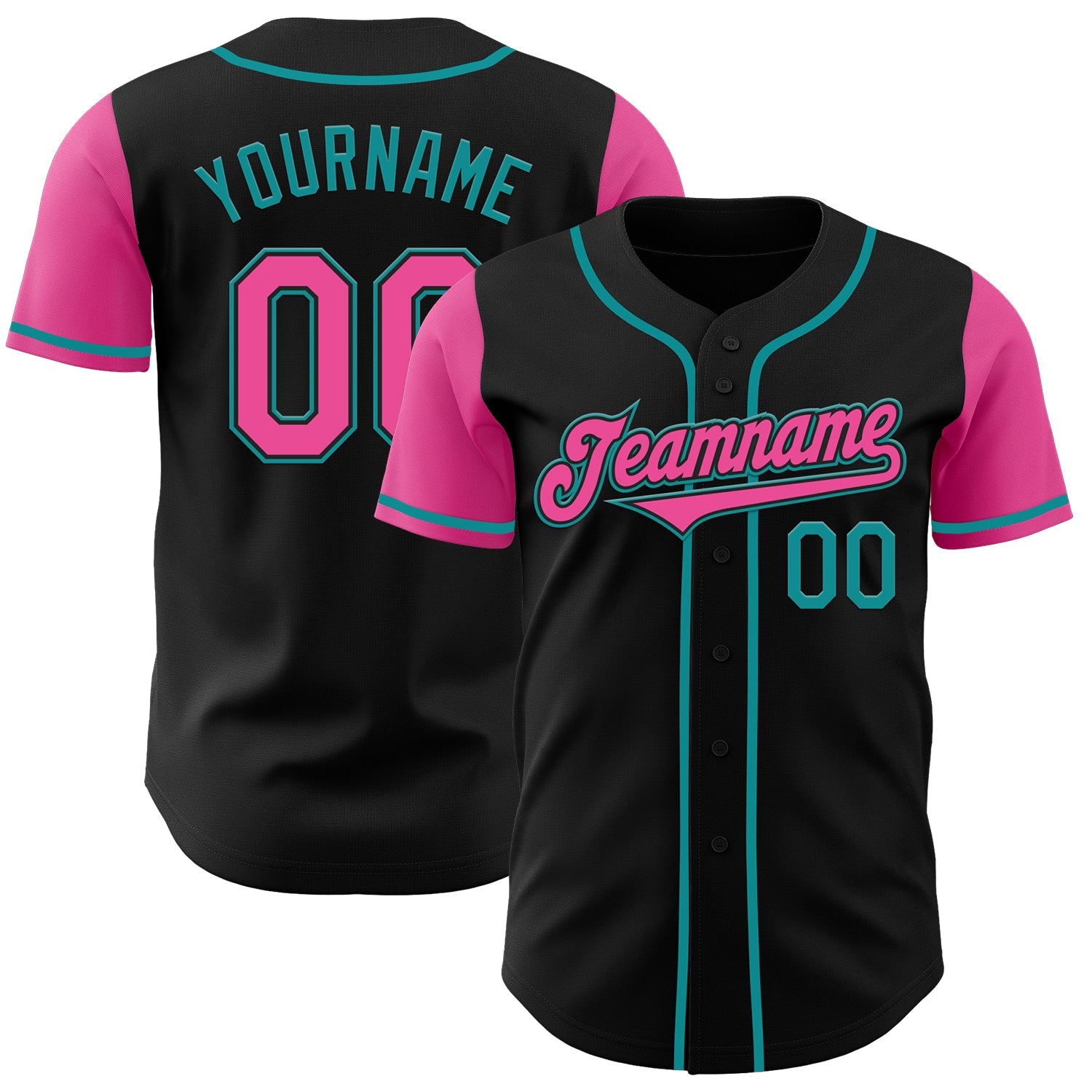 Custom Black Pink-Teal Authentic Two Tone Baseball Jersey - Main View