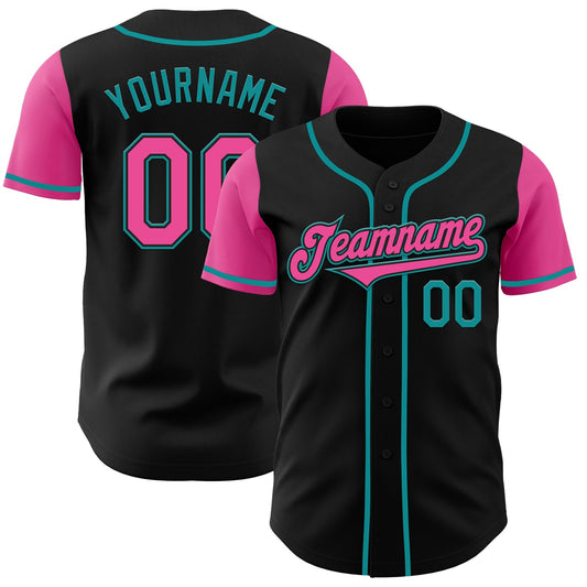 Custom Black Pink-Teal Authentic Two Tone Baseball Jersey - Main View