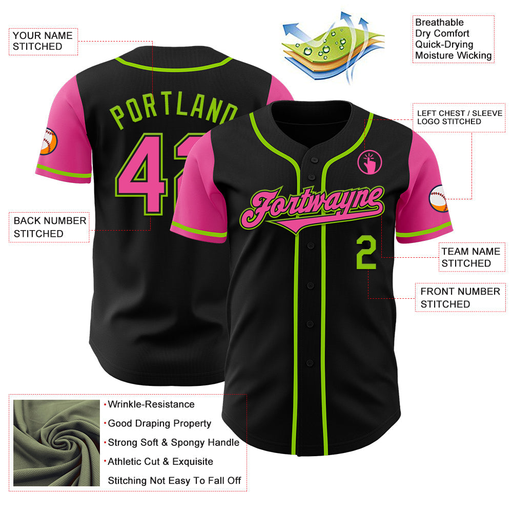 Custom Black Pink-Neon Green Authentic Two Tone Baseball Jersey view 3