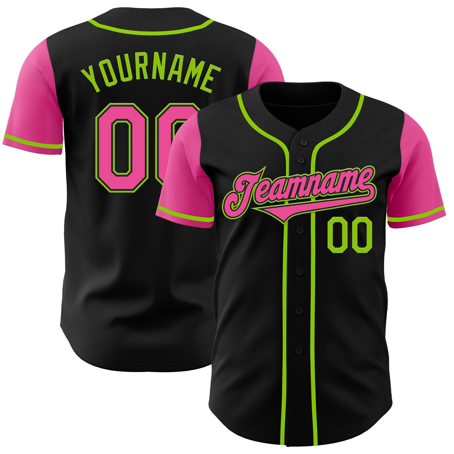 Custom Black Pink-Neon Green Authentic Two Tone Baseball Jersey - Main View