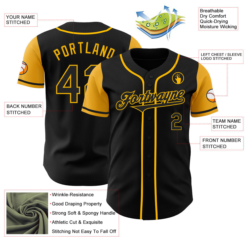 Custom Black Gold Authentic Two Tone Baseball Jersey view 3