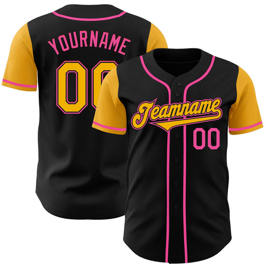 Custom Black Gold-Pink Authentic Two Tone Baseball Jersey - Main View