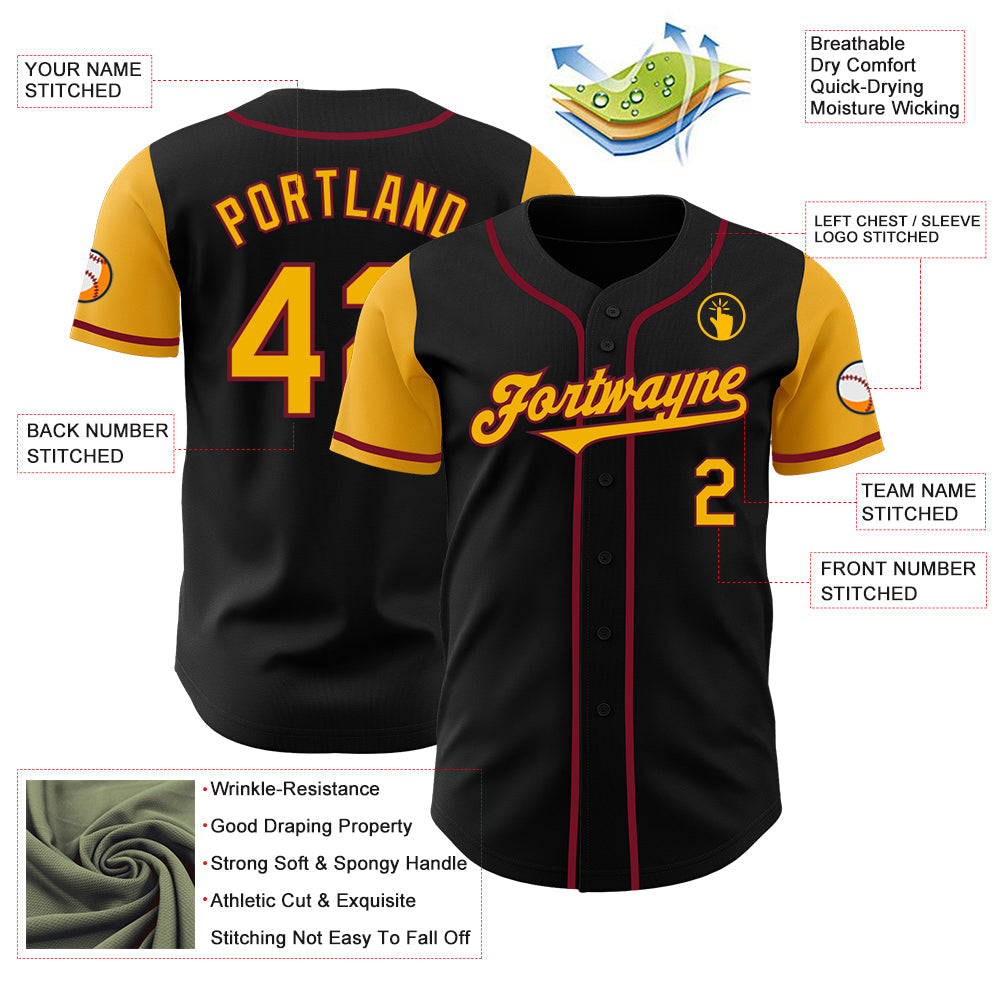 Custom Black Gold-Crimson Authentic Two Tone Baseball Jersey view 3