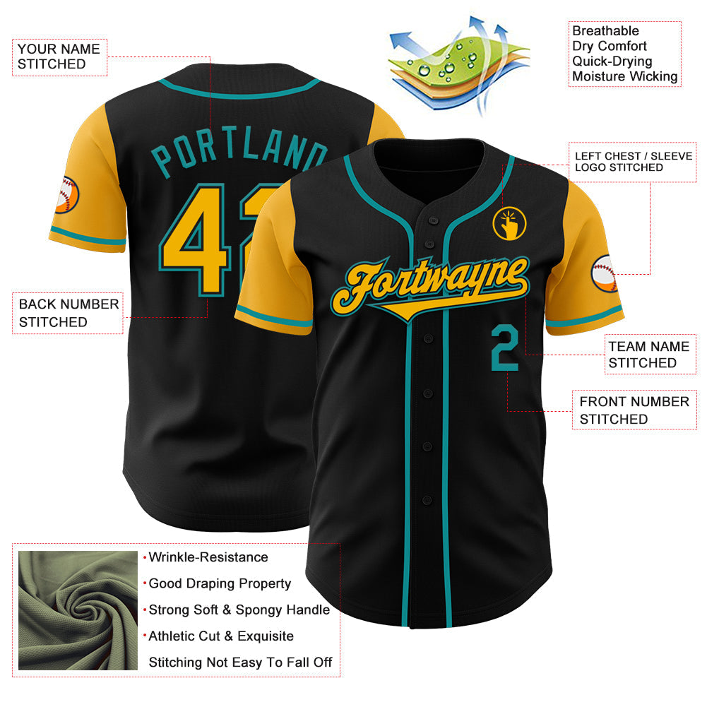 Custom Black Gold-Teal Authentic Two Tone Baseball Jersey view 3