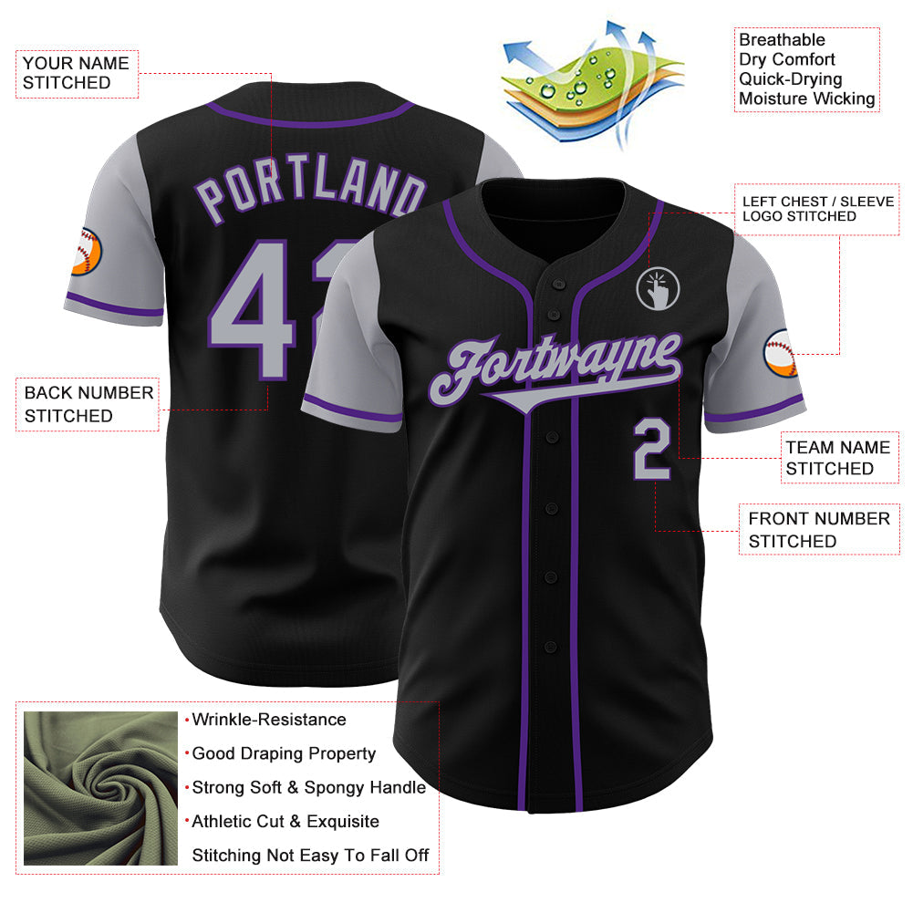 Custom Black Gray-Purple Authentic Two Tone Baseball Jersey view 3