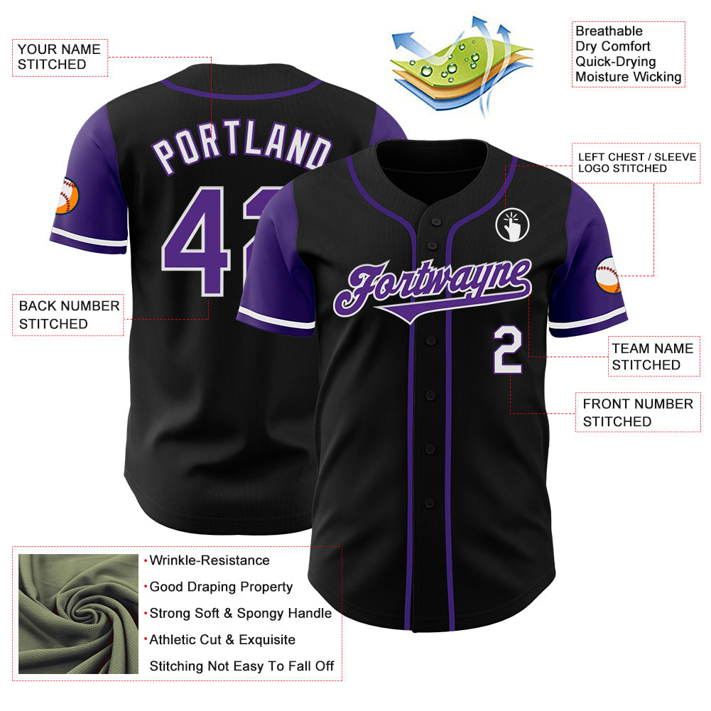 Custom Black Purple-White Authentic Two Tone Baseball Jersey view 3