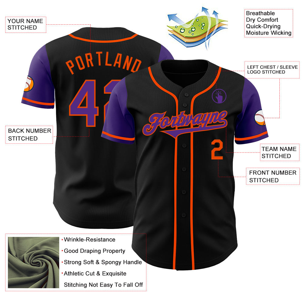 Custom Black Purple-Orange Authentic Two Tone Baseball Jersey view 3