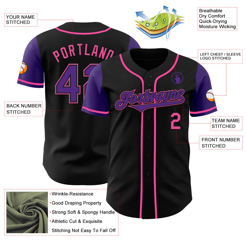 Custom Black Purple-Pink Authentic Two Tone Baseball Jersey view 3