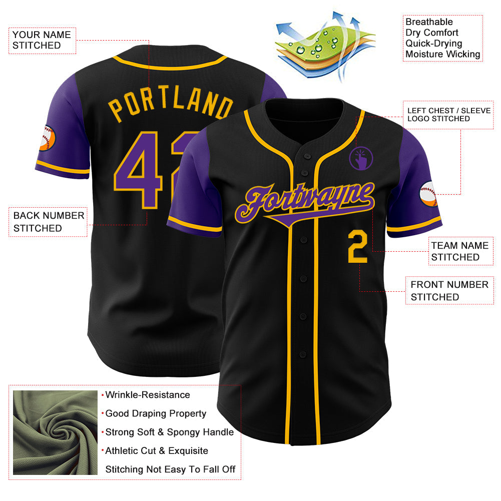 Custom Black Purple-Gold Authentic Two Tone Baseball Jersey view 3