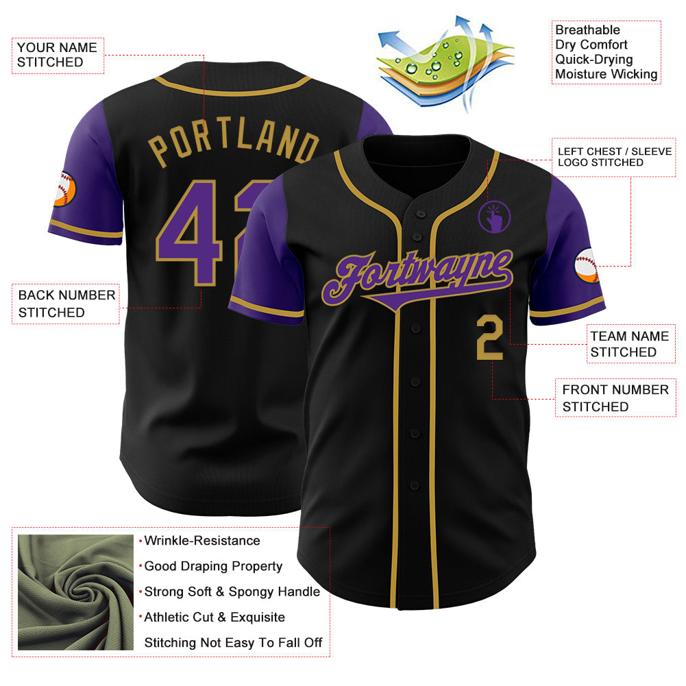 Custom Black Purple-Old Gold Authentic Two Tone Baseball Jersey view 3