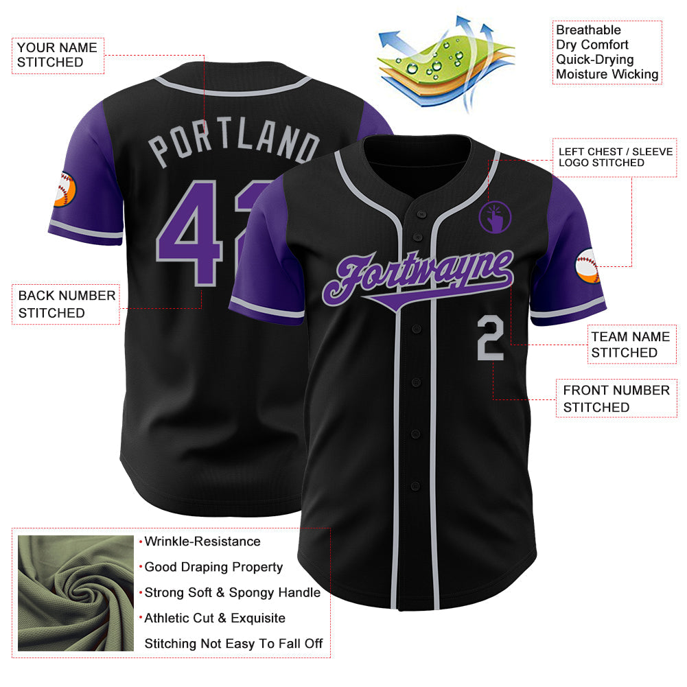 Custom Black Purple-Gray Authentic Two Tone Baseball Jersey view 3