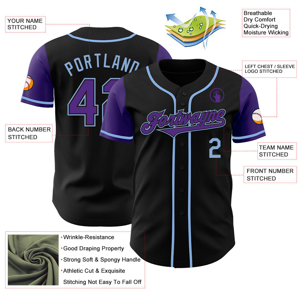 Custom Black Purple-Light Blue Authentic Two Tone Baseball Jersey view 3