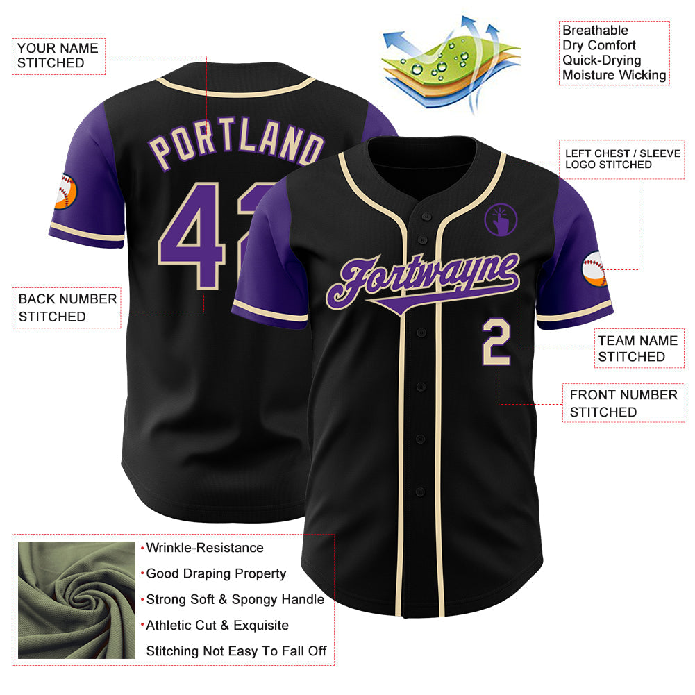 Custom Black Purple-Cream Authentic Two Tone Baseball Jersey view 3