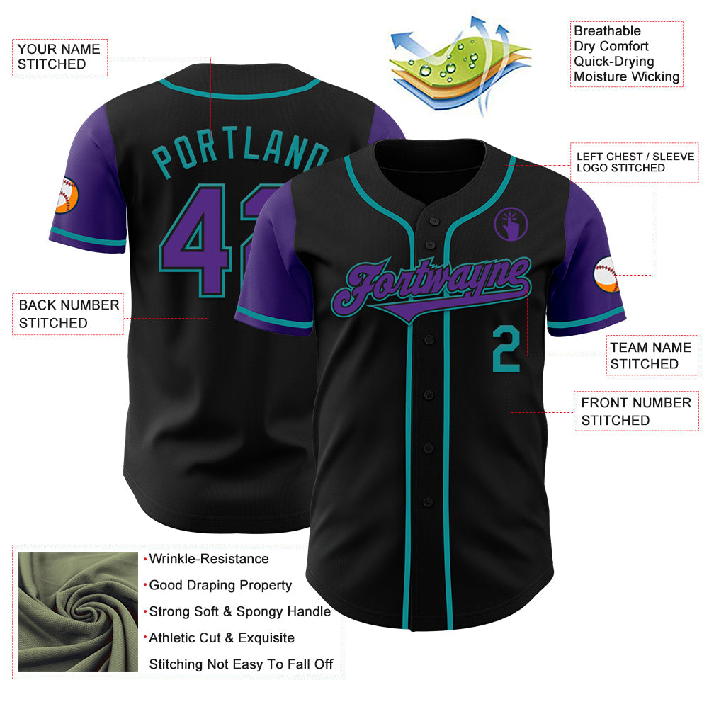 Custom Black Purple-Teal Authentic Two Tone Baseball Jersey view 3