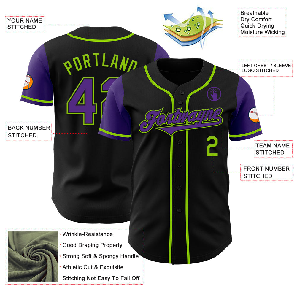 Custom Black Purple-Neon Green Authentic Two Tone Baseball Jersey view 3