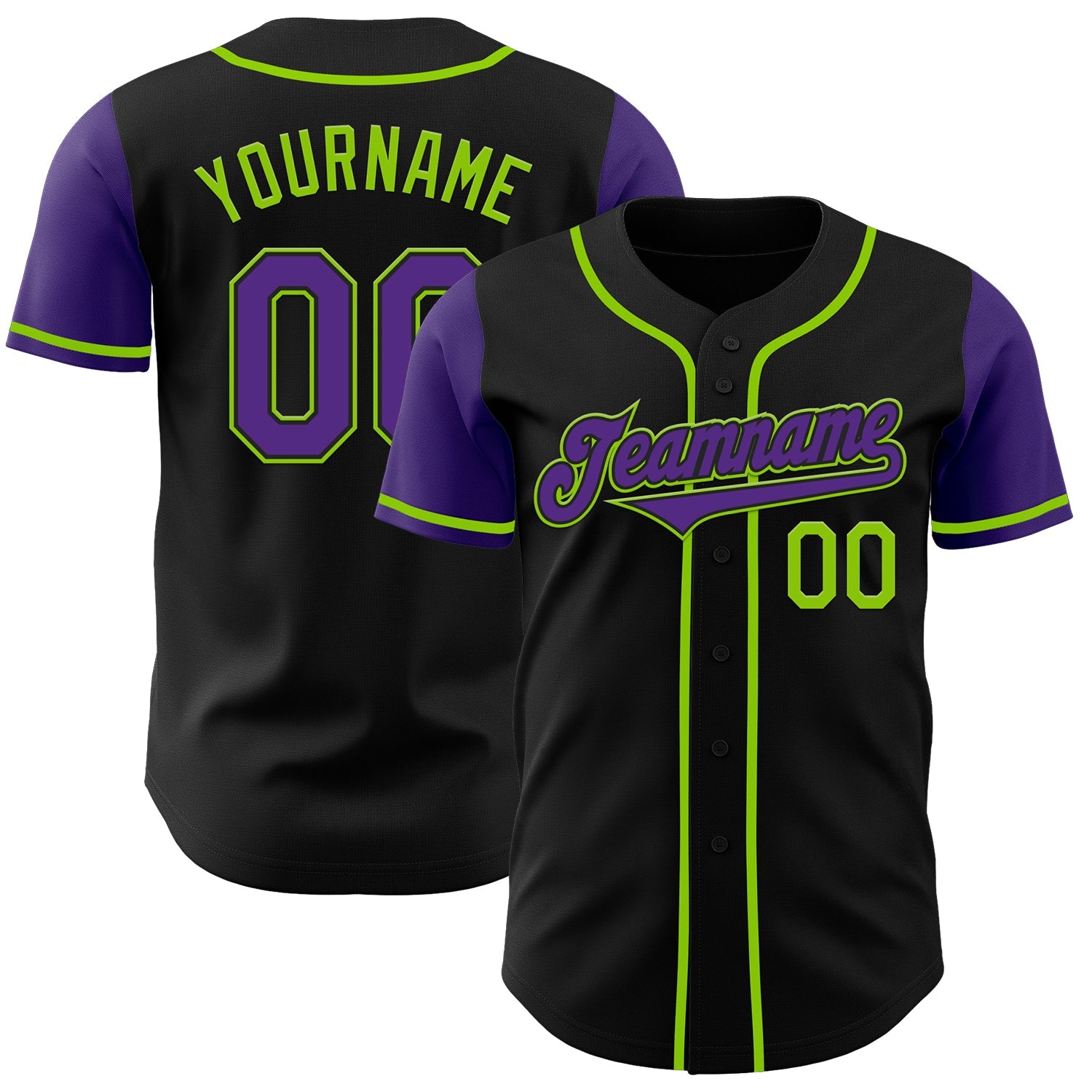 Custom Black Purple-Neon Green Authentic Two Tone Baseball Jersey - Main View