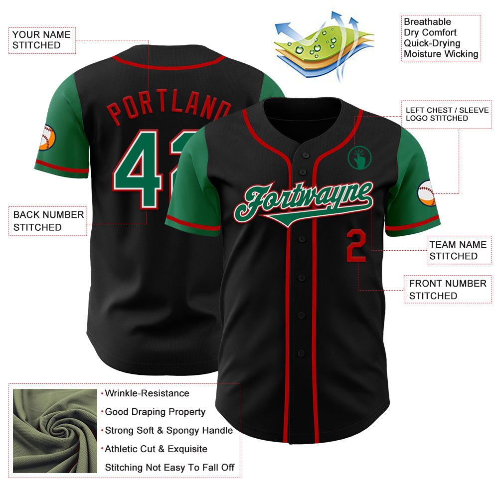 Custom Black Kelly Green-Red Authentic Two Tone Baseball Jersey view 3