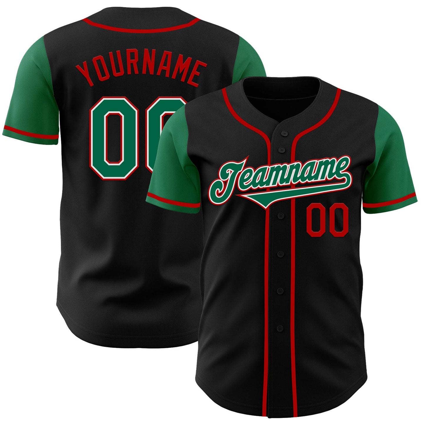 Custom Black Kelly Green-Red Authentic Two Tone Baseball Jersey - Main View