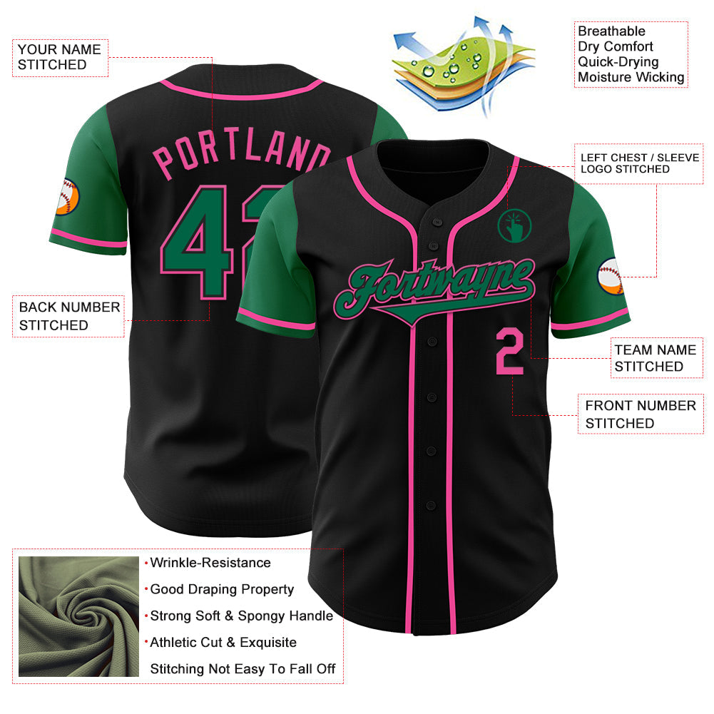 Custom Black Kelly Green-Pink Authentic Two Tone Baseball Jersey view 3