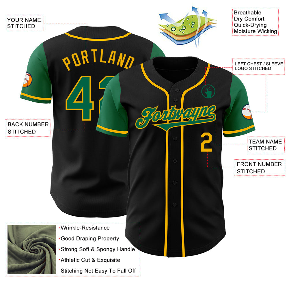 Custom Black Kelly Green-Gold Authentic Two Tone Baseball Jersey view 3