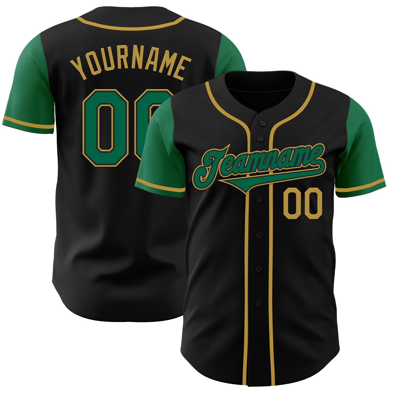 Custom Black Kelly Green-Old Gold Authentic Two Tone Baseball Jersey - Main View