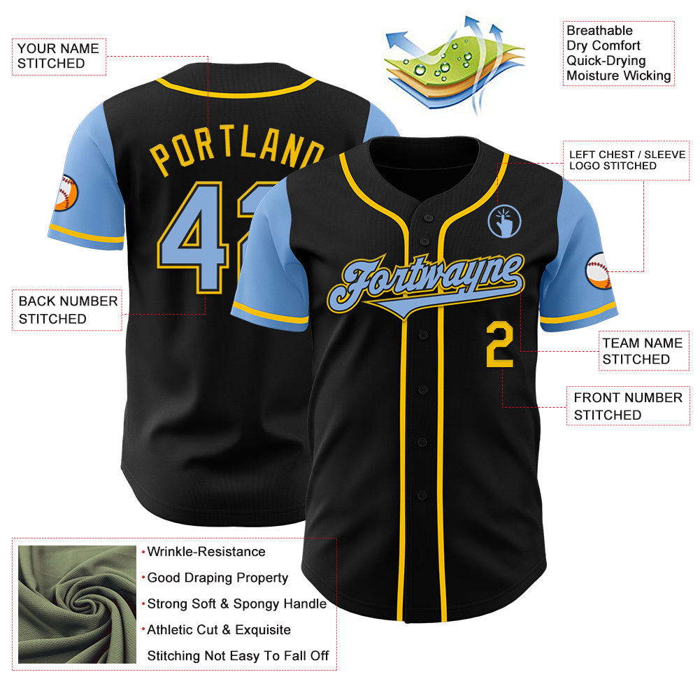 Custom Black Light Blue-Yellow Authentic Two Tone Baseball Jersey view 3