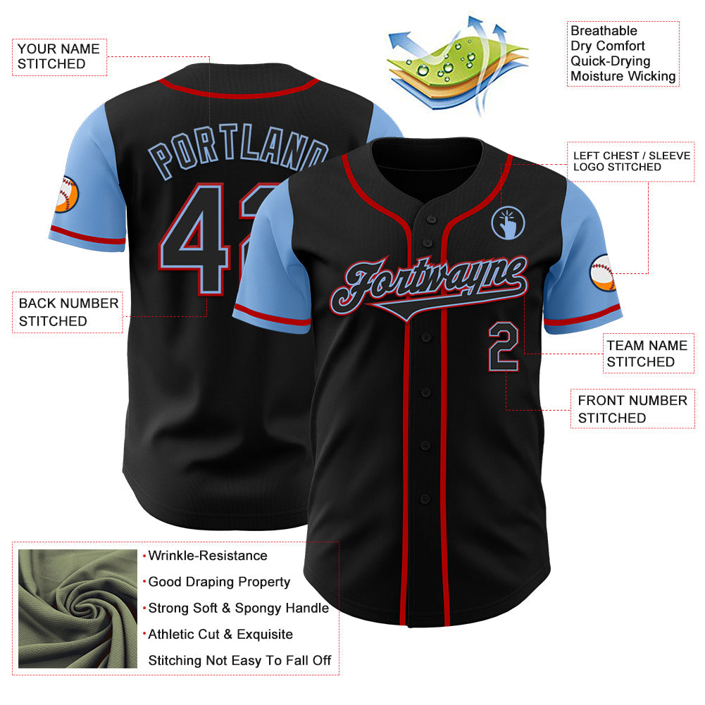 Custom Black Light Blue-Red Authentic Two Tone Baseball Jersey view 3