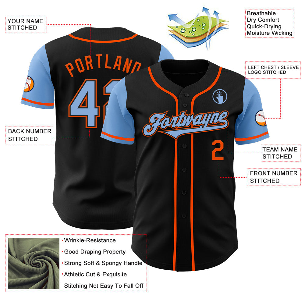 Custom Black Light Blue-Orange Authentic Two Tone Baseball Jersey view 3