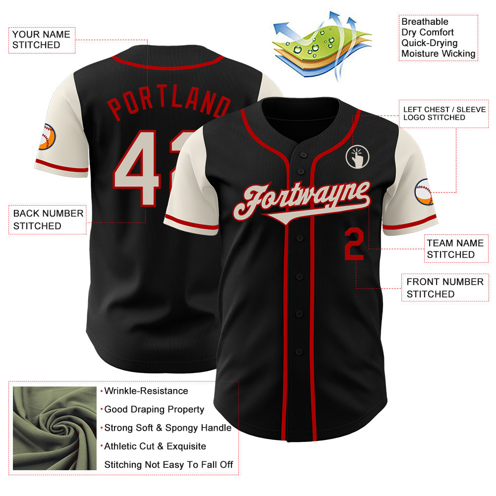 Custom Black Cream-Red Authentic Two Tone Baseball Jersey view 3