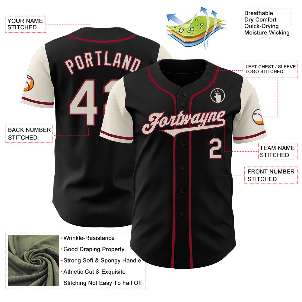Custom Black Cream-Crimson Authentic Two Tone Baseball Jersey view 3
