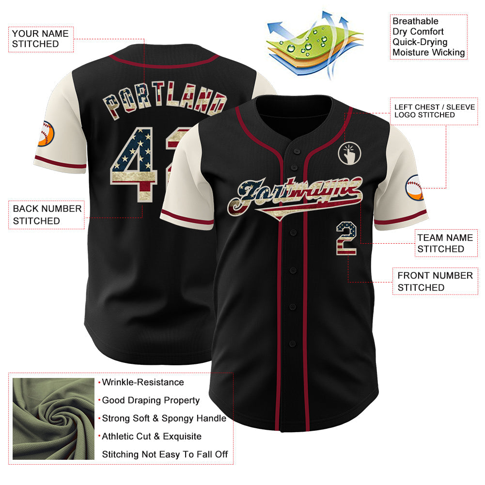 Custom Black Vintage USA Flag Cream-Crimson Authentic Two Tone Baseball Jersey view 3