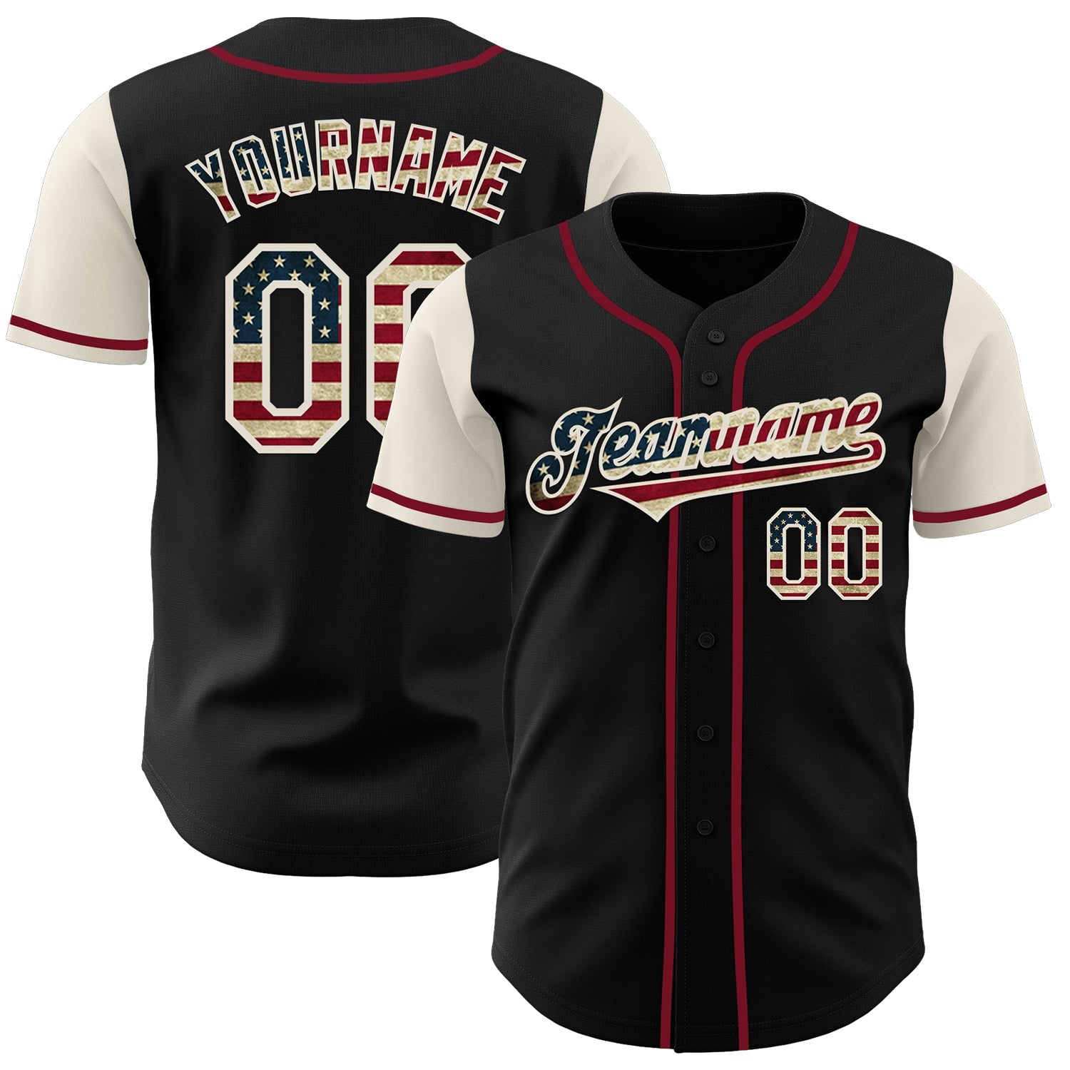 Custom Black Vintage USA Flag Cream-Crimson Authentic Two Tone Baseball Jersey - Main View