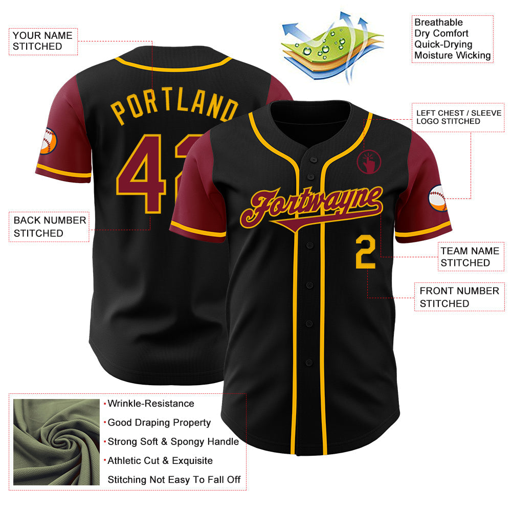 Custom Black Crimson-Gold Authentic Two Tone Baseball Jersey view 3