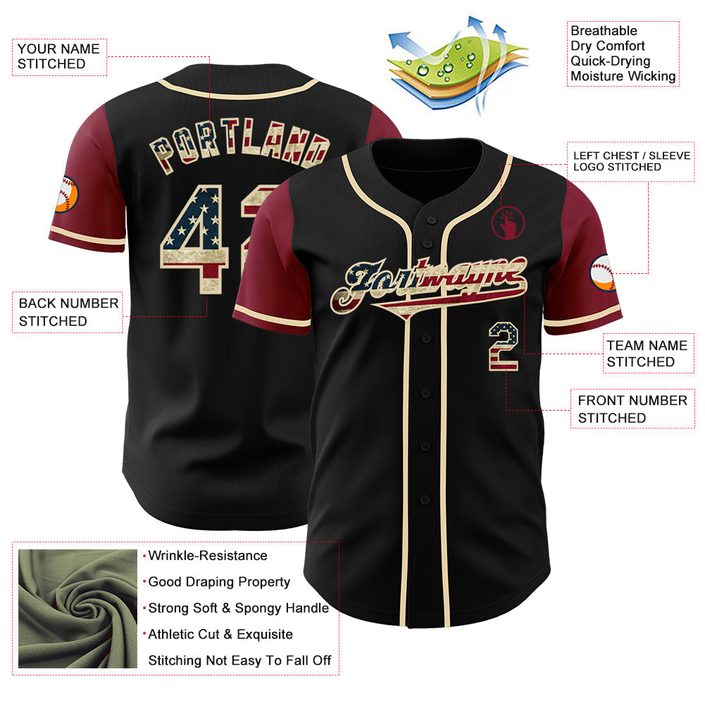 Custom Black Vintage USA Flag Cream-Crimson Authentic Two Tone Baseball Jersey view 3