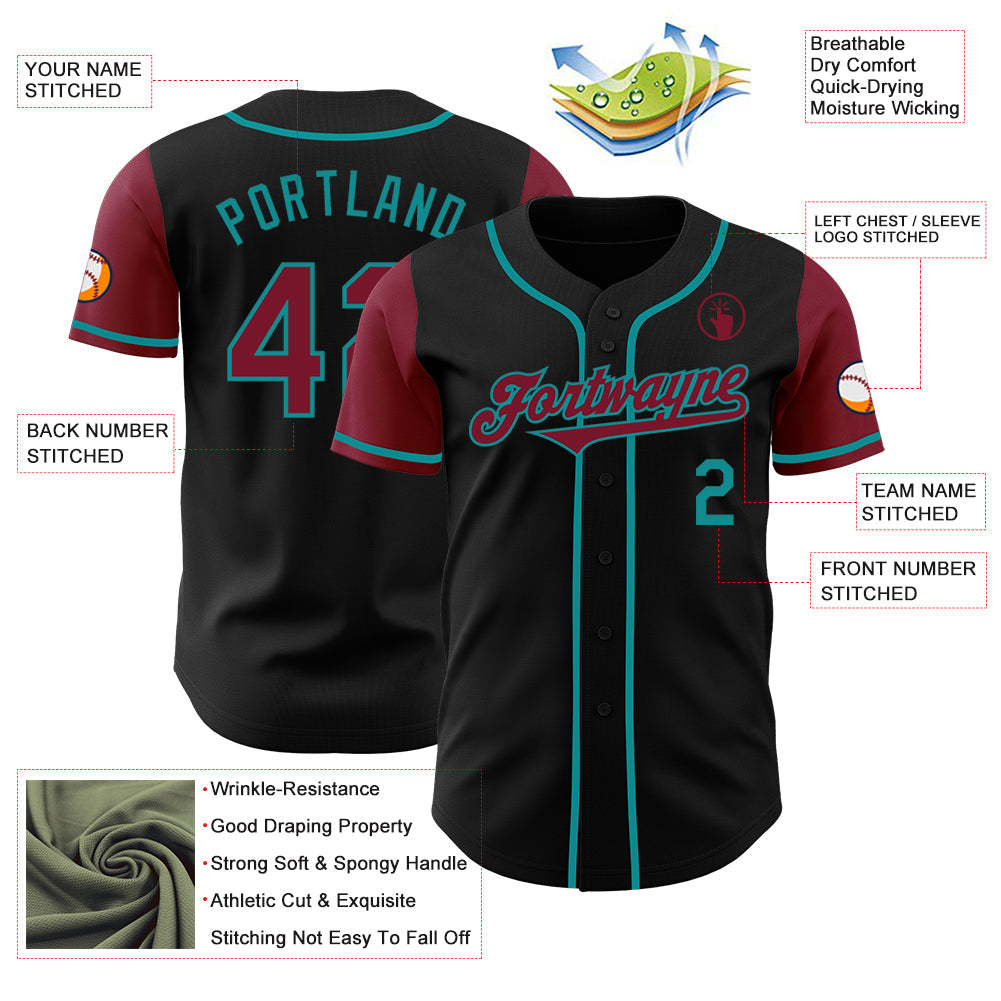 Custom Black Crimson-Teal Authentic Two Tone Baseball Jersey view 3