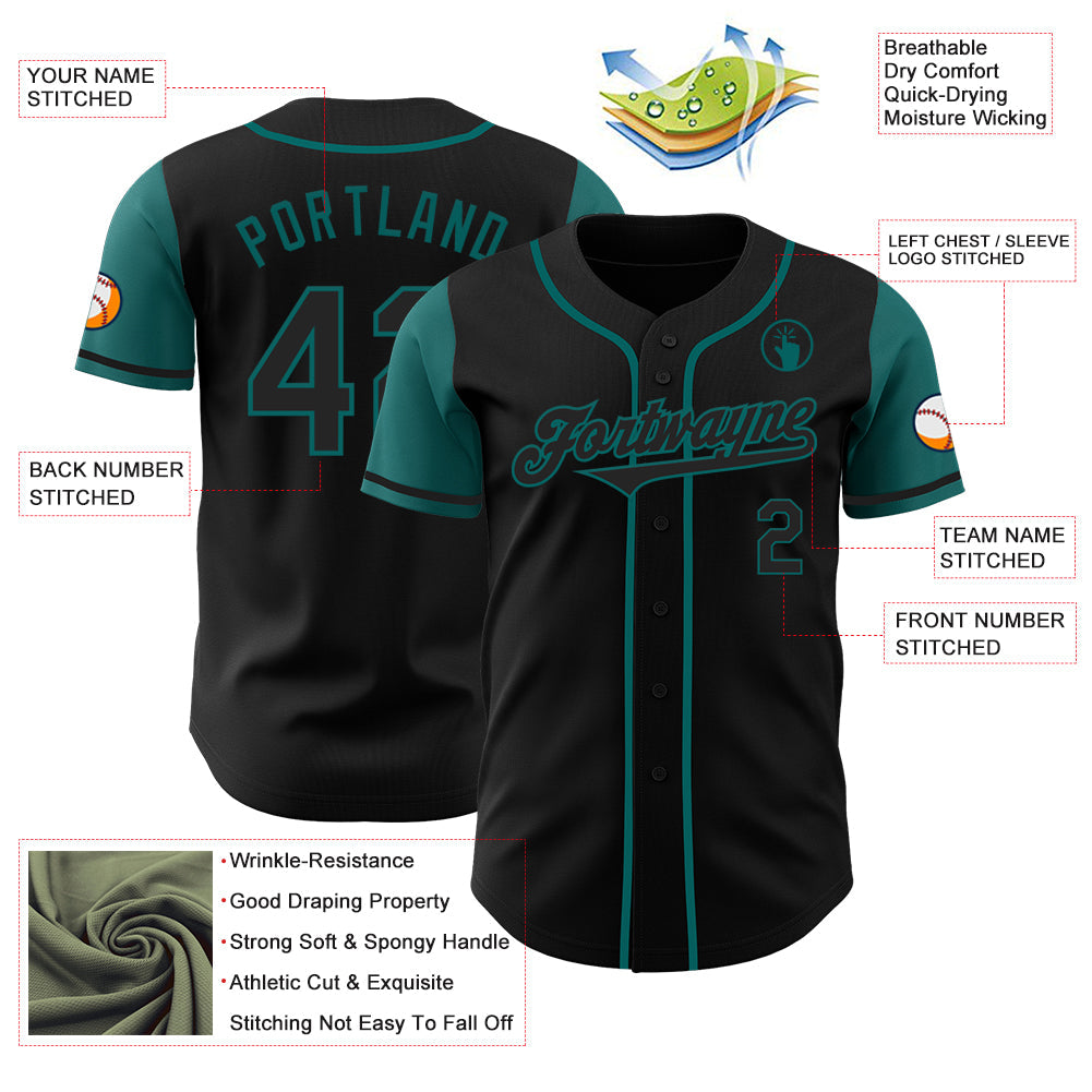 Custom Black Teal Authentic Two Tone Baseball Jersey view 3
