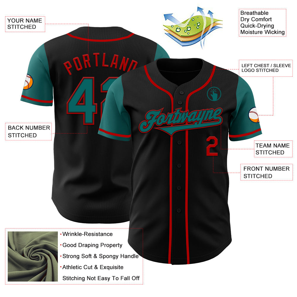 Custom Black Teal-Red Authentic Two Tone Baseball Jersey view 3