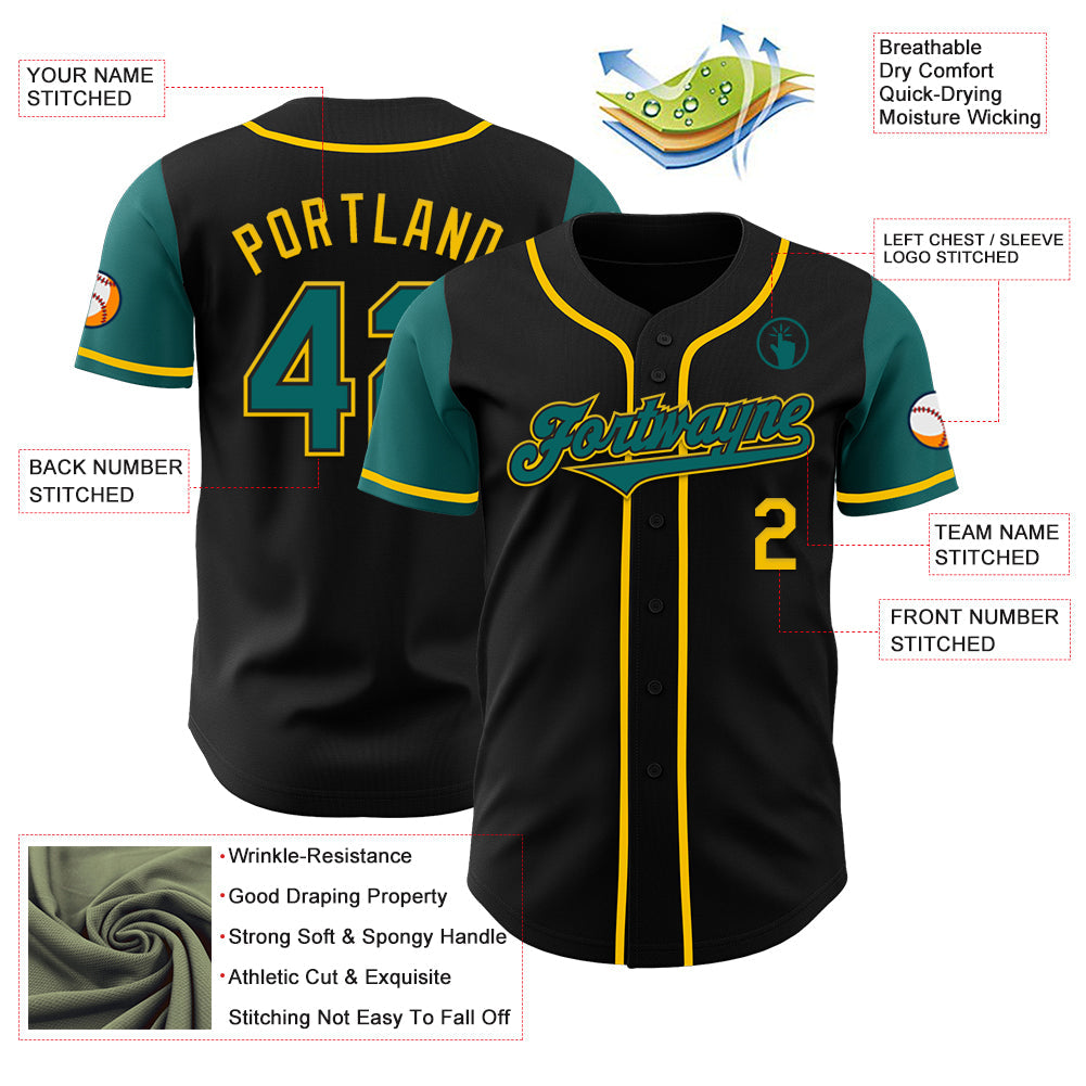Custom Black Teal-Yellow Authentic Two Tone Baseball Jersey view 3