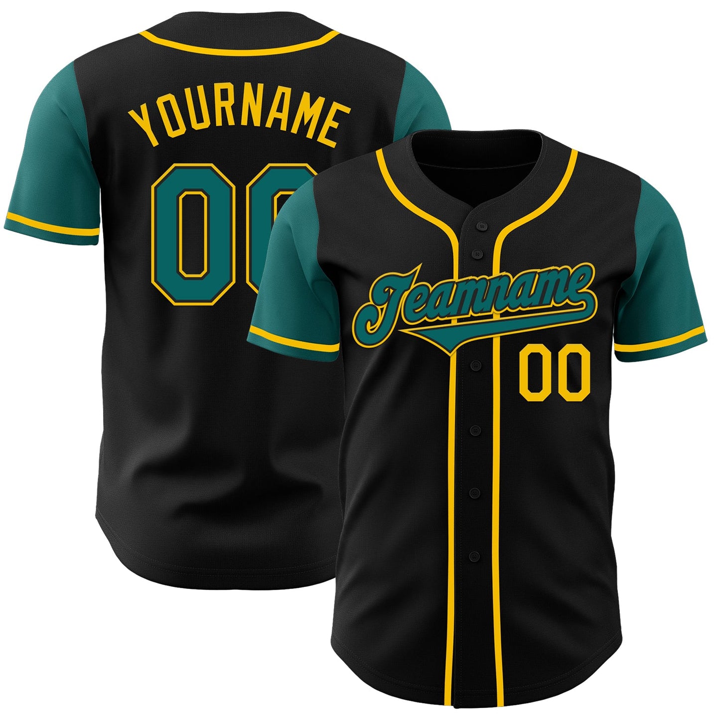 Custom Black Teal-Yellow Authentic Two Tone Baseball Jersey - Main View