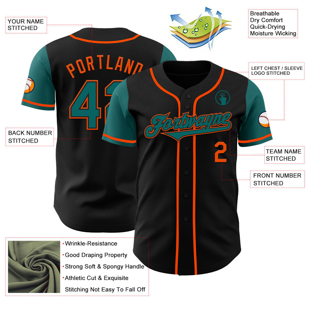 Custom Black Teal-Orange Authentic Two Tone Baseball Jersey view 3