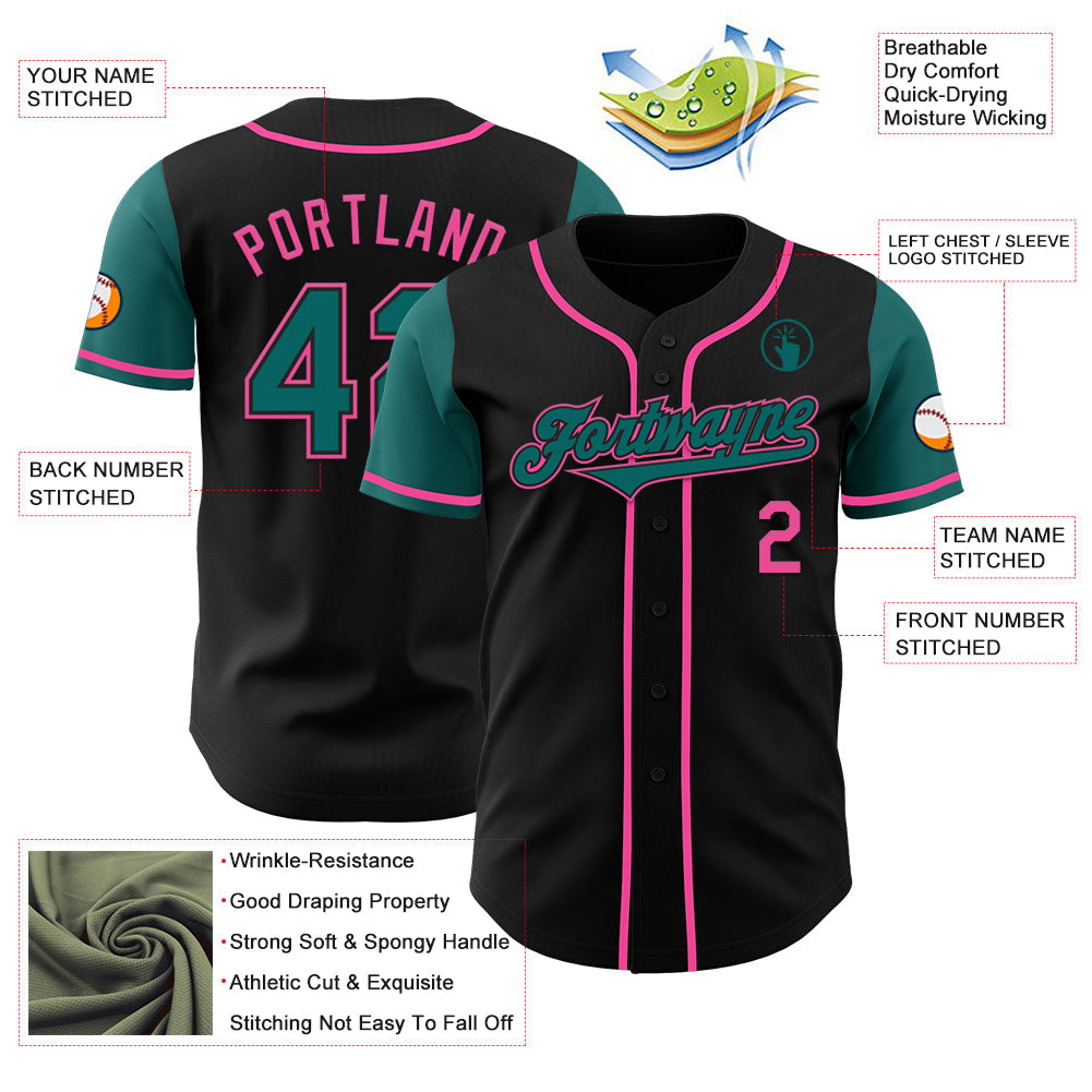 Custom Black Teal-Pink Authentic Two Tone Baseball Jersey view 3