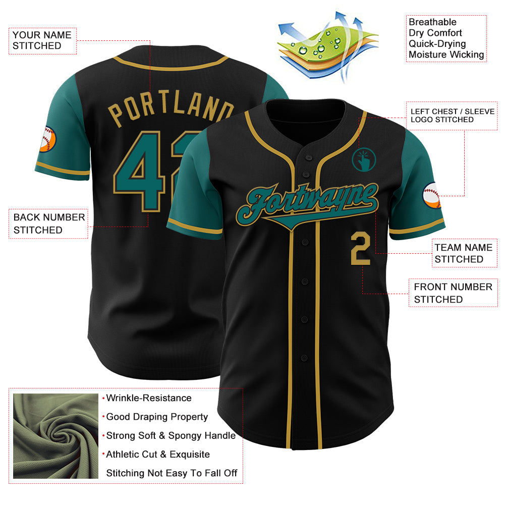 Custom Black Teal-Old Gold Authentic Two Tone Baseball Jersey view 3