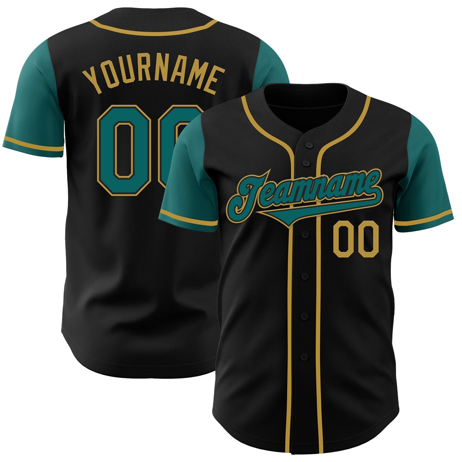 Custom Black Teal-Old Gold Authentic Two Tone Baseball Jersey - Main View