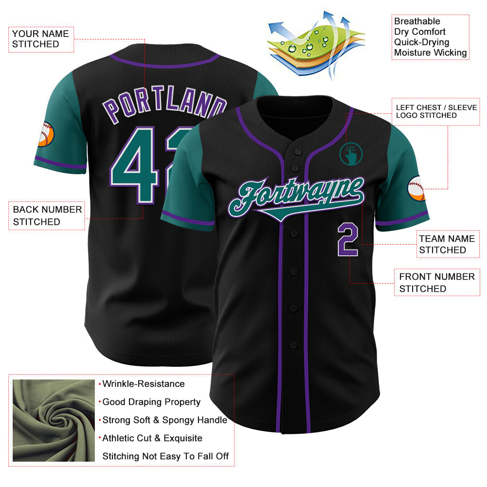 Custom Black Teal-Purple Authentic Two Tone Baseball Jersey view 3