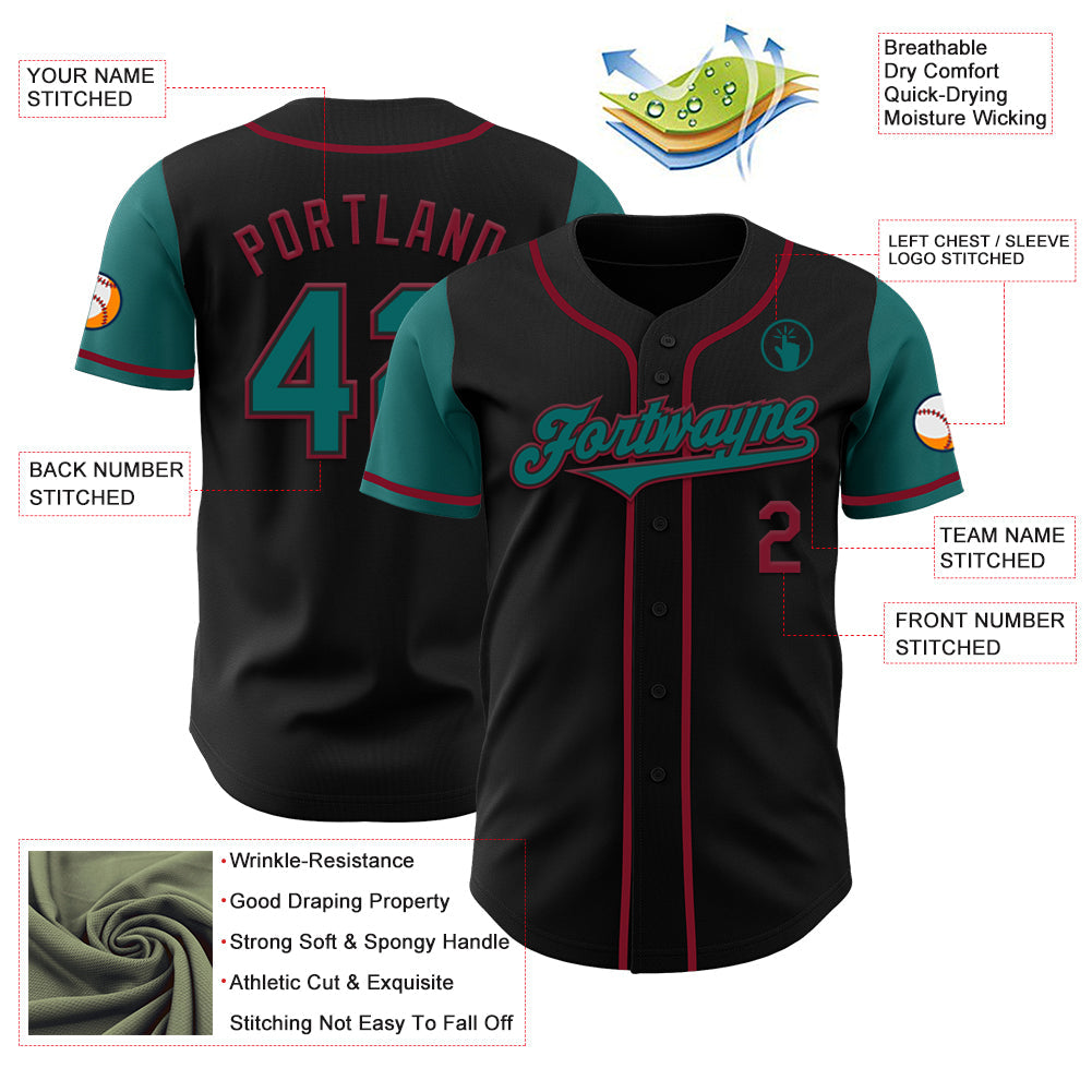 Custom Black Teal-Crimson Authentic Two Tone Baseball Jersey view 3