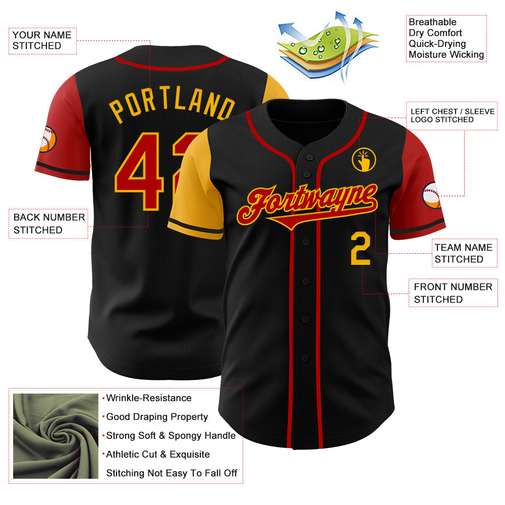 Custom Black Red-Gold Authentic Two Tone Baseball Jersey view 3