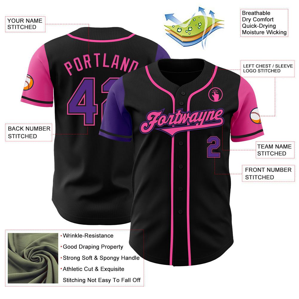 Custom Black Purple-Pink Authentic Two Tone Baseball Jersey view 3