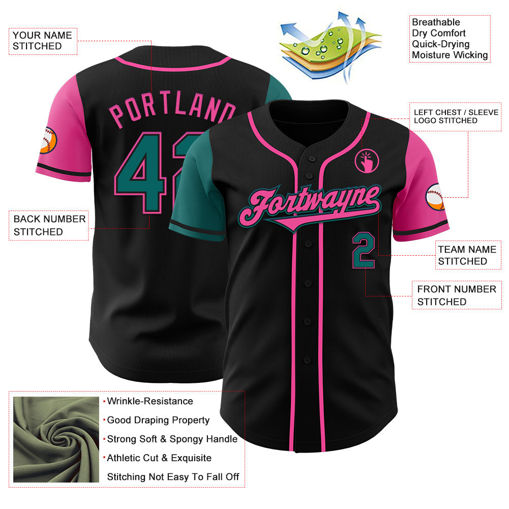 Custom Black Teal-Pink Authentic Two Tone Baseball Jersey view 3